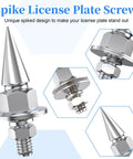 Badass Spiked License Plate Screws Four Pack Anti Theft Security Bolts For Cars And Motorcycles Silver Chrome Finish close-up view of spikes.