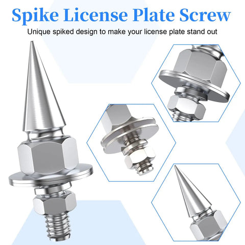 Badass Spiked License Plate Screws Four Pack Anti Theft Security Bolts For Cars And Motorcycles Silver Chrome Finish close-up view of spikes.