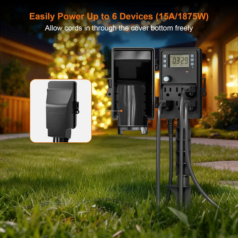 Heavy Duty Outdoor Power Stake With 7 Day Programmable Digital Timer For Landscape Lighting And Yard Systems with six outlets on grass.