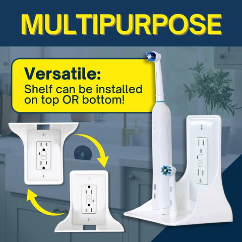 Outlet Shelf With Cord Storage Strap To Declutter Counter Space And No Wall Damage, white shelf holding toothbrush