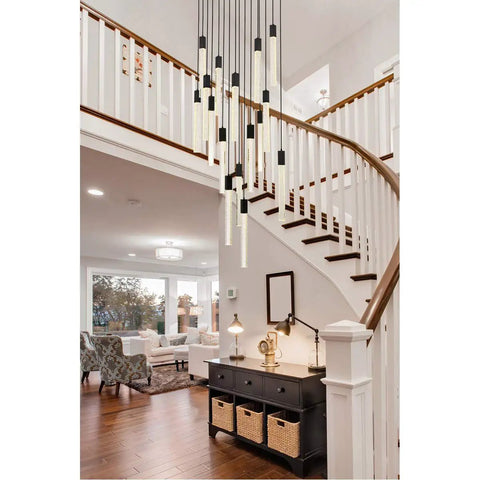 Modern 16 Light Ceiling Pendant With Heavy Duty Black Metal Frame And Crisp Crystal Drops For A Straight Up Room Makeover And A Seriously Lit Ambient Vibe hanging over a dark console table in a bright entryway.