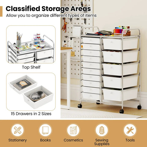 Grab-And-Go 15-Drawer Rolling Utility Cart With Lockable Wheels, metal frame with removable drawers and open top shelf