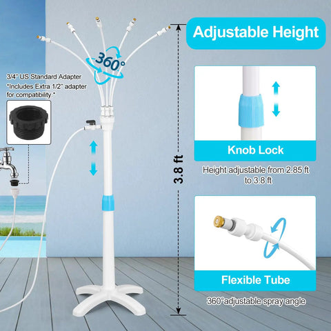 Adjustable Outdoor Patio Misters Stand With Flexible Riser Up To 46 Inches And 26 Point Two Feet Water Supply Line for misting.