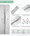 Six Inch Stainless Steel Piano Hinges Two Pack Badass Continuous Cabinet Door Hinge With Pre Drilled Holes And Screws For Toolboxes DIY Builds RV Mods And Storage Crates Silver Tone product details showing hinge, screws, and installation features.