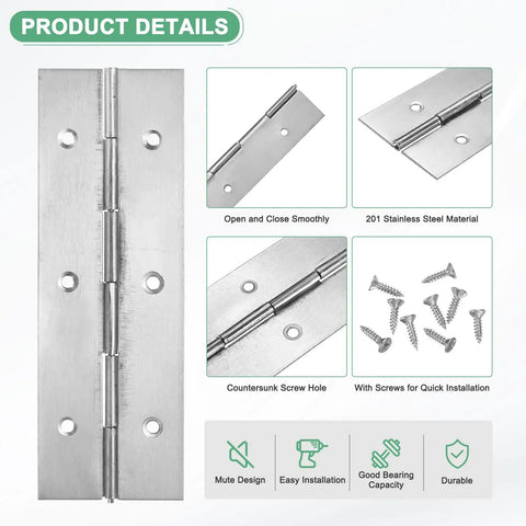 Six Inch Stainless Steel Piano Hinges Two Pack Badass Continuous Cabinet Door Hinge With Pre Drilled Holes And Screws For Toolboxes DIY Builds RV Mods And Storage Crates Silver Tone product details showing hinge, screws, and installation features.