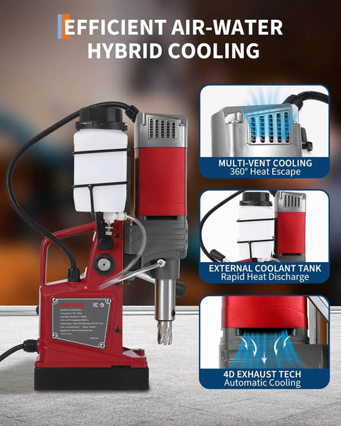 Portable magnetic drill press with adapter for drilling metal; red and black body with white coolant tank