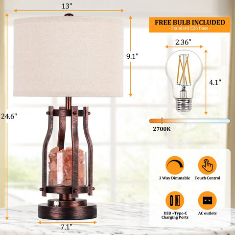 2 In 1 Farmhouse Table Lamp With Himalayan Salt Night Light, Touch Dial Bedside Lamp With USB A C Ports And AC Outlet