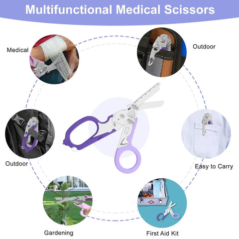 Six In One Heavy Duty Emergency Trauma Shears With Window Breaker And Multi Tool Scissors Oxygen Can Opener Knife Saw Scale For Outdoor Adventures Survival Gear purple stainless steel scissors for medical, outdoor, and first aid use