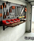 Fold-down wall mount workbench desk for small spaces, 31.5 by 15.75 inches, in a garage with tools on a pegboard