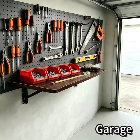 Fold-down wall mount workbench desk for small spaces, 31.5 by 15.75 inches, in a garage with tools on a pegboard