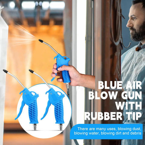 Person using High Flow Air Blower Gun With Rubber Tip 8 Pc Nozzle Set For Compressor, blue color for dust removal