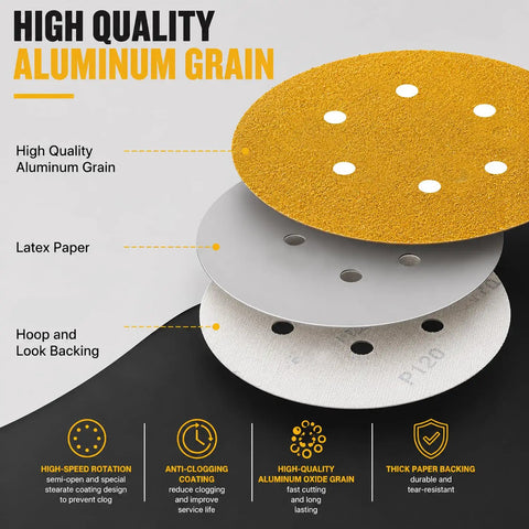 High quality aluminum grain layers of 100 Pack 6 Inch 6 Hole Sanding Discs Set Dope Value, Hook And Loop Round Sandpaper.