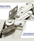 Close-up of one pair tip out tray hinges for kitchen cabinets self closing satin nickel finish highlighting durable springs