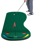 Man practicing on Par 3 Putting Green Mat 10 Foot By 3 Foot With 3 Cups Flag And Hole Covers For Indoor Outdoor Practice In Garage Backyard Or Office
