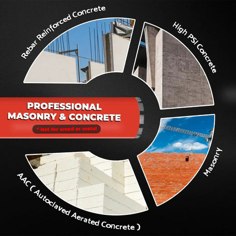 Illustration showing masonry and concrete types: rebar reinforced concrete, high PSI concrete, AAC blocks, and masonry walls.
