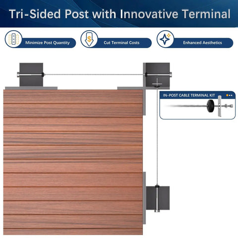 Rock Solid Black Stainless Steel Outer Corner Cable Railing Post For 36 Inch Exterior Deck Systems T304 Metal top view with cable terminal.