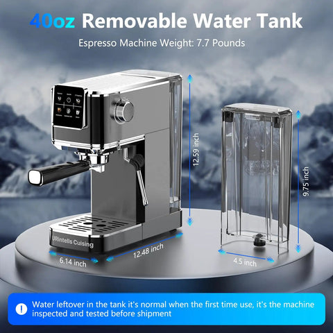 Top Shelf Touchscreen Espresso Machine For Home, featuring 40oz removable water tank and compact design.