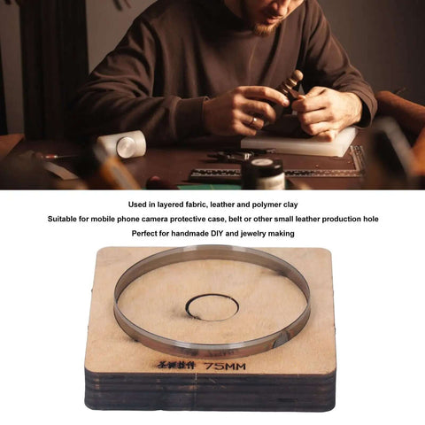 75mm Round Leather Cutting Die For DIY Crafts with alloy steel, used on workbench, ideal for precise leather and polymer clay cuts.