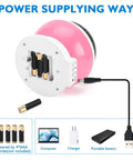 Back view of Kids Night Light Star Nebula Projector with USB port and battery slots, shows power options: USB, computer, charger.