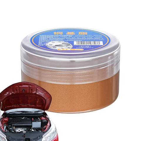 Copper Grease High Temperature Assembly Lubricant Pro Grade Heavy Duty For Industrial And Automotive Tool Repair Prevents Seizing And Galling With Long Lasting Rust Protection And Easy Disassembly tub next to open car hood.