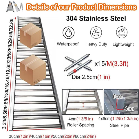 Heavy Duty Unpowered Roller Conveyor Slide For Warehouse Unloading 33 Ft Long 20 Inch Wide with 304 Stainless Steel construction.