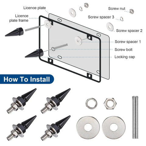 Set Of Eight Badass Spiked Aluminum License Plate Screws With Security Hardware, installation guide with screws and washers.
