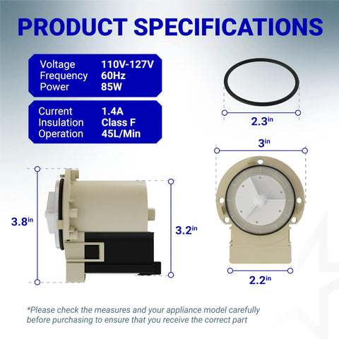 Product specifications of Askoll M75 Washer Drain Pump Motor Replacement for front load washers with size dimensions.
