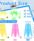 Multicolor plastic tees set with yellow, green, pink, and blue pieces showing adjustable sizes for indoor and outdoor practice.