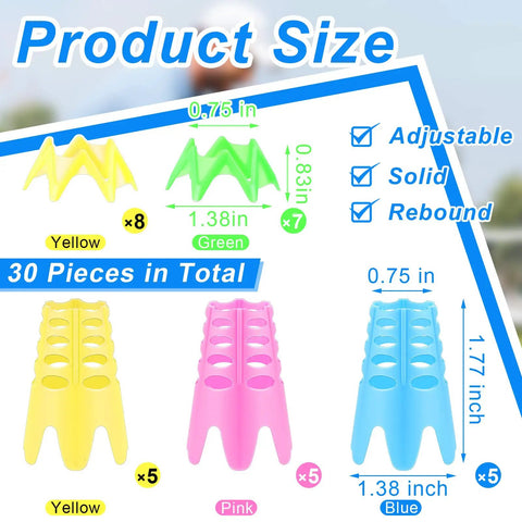 Multicolor plastic tees set with yellow, green, pink, and blue pieces showing adjustable sizes for indoor and outdoor practice.