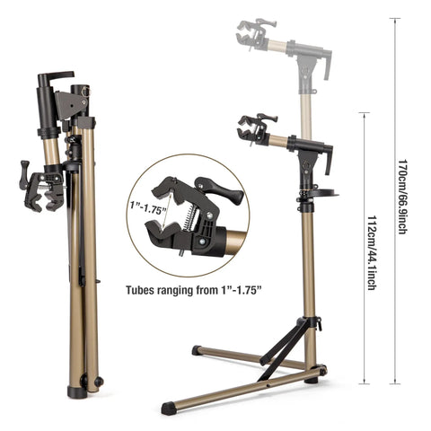 E Bike Repair Stand With 360 Degree Clamp Heavy Duty Work Stand For Road And Mountain Bikes 88 Lb Capacity Rotating Clamp Folded and Extended