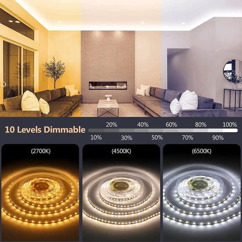 Under Cabinet Lighting Kit With 15 Ft Extendable LED Strips, showcasing dimmable 2700K-6500K settings in a living room.