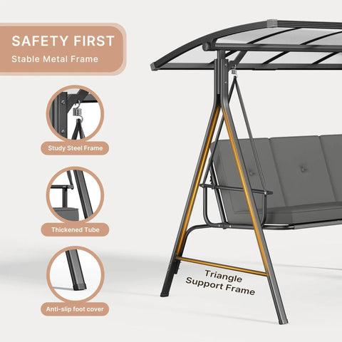Close-up of Three Seat Patio Swing With Canopy 2 In 1 Convertible Bed Heavy Duty Outdoor Porch Swing Chair, steel frame detail.