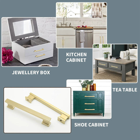 10 Pack 5 Inch Brushed Satin Brass Cabinet Handles installed on various furniture including kitchen cabinets, jewelry box, tea table, and shoe cabinet.