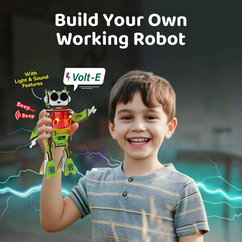 Electricity Science Kit For Kids 8 To 14 Lets Them Build Volt E The DIY Electric Robot With Lights And Real Sounds Learn Circuits And Electronics Kid Friendly Safe Hands On STEM Learning For Curious Makers. Boy holding Volt-E robot with lights and sounds