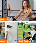 Dual Magnetic Phone Holder For Gym Workout Kitchen Or Any Metal Surface With Rock Solid Power Magnet Base Mount For MagSafe iPhone 17 16 15 14 13 12 Series And One Handed Easy Mount displayed in various use cases like gym equipment, kitchen, and golf cart.