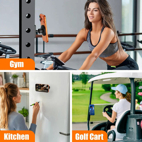 Dual Magnetic Phone Holder For Gym Workout Kitchen Or Any Metal Surface With Rock Solid Power Magnet Base Mount For MagSafe iPhone 17 16 15 14 13 12 Series And One Handed Easy Mount displayed in various use cases like gym equipment, kitchen, and golf cart.
