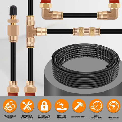 Premium PA12 Nylon Pneumatic Air Tubing 30 Ft 1 Quarter Inch OD DOT Approved For Semi Trucks And Industrial Air Systems SAE J844 Compatible High Temperature High Pressure Pneumatic Hose Line coiled and connected to brass fittings.