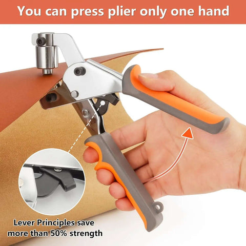 Heavy Duty Manual Grommet Press Kit With 500 Metal Eyelets for Fabric Tarps Banners and Curtains, easy grip handle in use