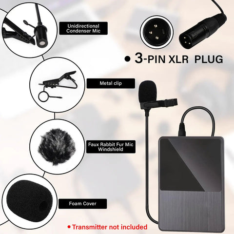 Components of Four Pack 3 Pin XLR Lavalier Microphone Kit With 6.56 Ft Cables Omnidirectional Lapel Mics Clips Foam And Fur Windscreens