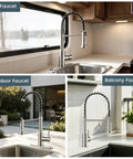 Kitchen Faucets with Pull Down Sprayer, Brushed Nickel in RV, outdoor, and balcony settings showcasing versatility.