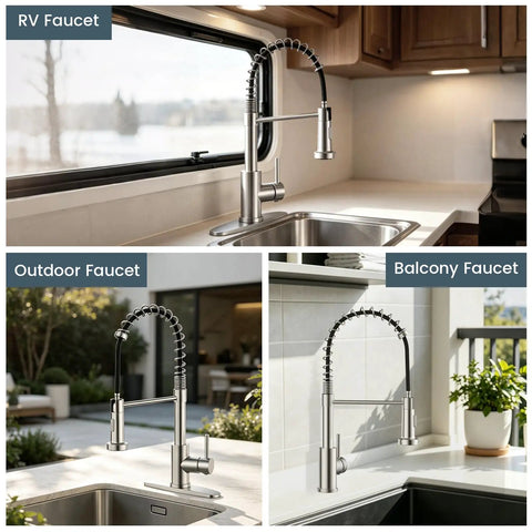Kitchen Faucets with Pull Down Sprayer, Brushed Nickel in RV, outdoor, and balcony settings showcasing versatility.