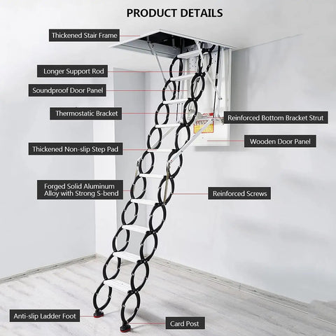 Detailed view of Heavy Duty Electric Attic Ladder Drops Smooth As Butter With Wireless Remote Titanium Magnesium Alloy Frame.