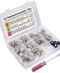 Open box of 76 Piece Potentiometer Assortment With A B C Tapers Logarithmic Linear Reverse Log 1K 2K 5K 10K 20K 50K 100K 250K 500K 1M Great For Diy Electronics Projects And Prototyping Go To Maker Kit Three Pin One Eighth Watt Six Point Three Millimeter Axis, sorted in compartments with screwdriver.