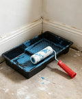 Mini Paint Roller Kit With Splash Guard Mixing Tray For Interior Wall Touch Ups Baseboard Painting And Small Surface Decor Quick Snap Setup For Flawless Smooth Finish Weekend Warriors, featuring a red-handled roller and blue paint tray.