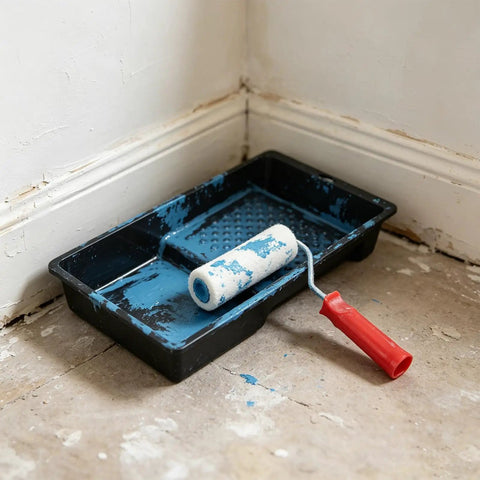 4 Inch Mini Paint Roller Kit With Tray For Gloss And Satin Finishes with a mini roller and tray covered in blue paint.