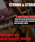 Heavy Duty Four Leg Chain Sling Built Tough With Four Safety Hooks Made From G80 Alloy Steel Rigging Gear For Engine Hoists Crushing Tons Up To Six Thousand Six Hundred Pounds, 5 ft length, 6600 lb capacity.