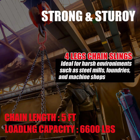 Heavy Duty Four Leg Chain Sling Built Tough With Four Safety Hooks Made From G80 Alloy Steel Rigging Gear For Engine Hoists Crushing Tons Up To Six Thousand Six Hundred Pounds, 5 ft length, 6600 lb capacity.