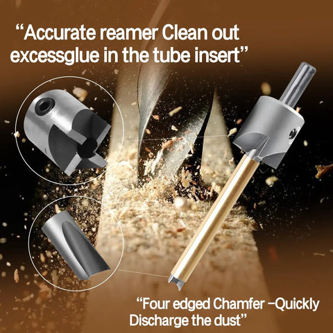 8 Piece Pen Turning Mandrel Set for Wood Lathe with 7mm Drill Bit showing reamer detail and wood shaving action