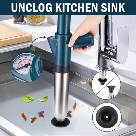 Heavy Duty High Pressure Air Plunger Kit Total Game Changer For Blocked Drains in use at kitchen sink with gauge.