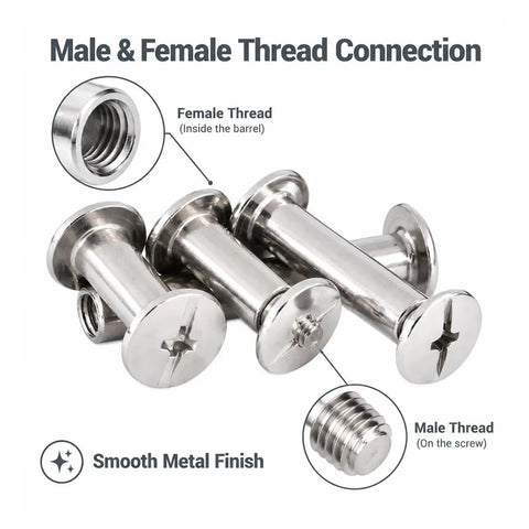 Premium 304 Stainless Steel Chicago Binding Screws Reusable Barrel Fastener Bolts showing male and female thread connections.